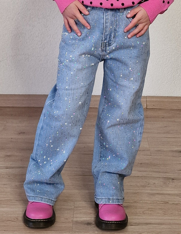 Jeans met strass all-over voorkant - Pinkish Flamingo