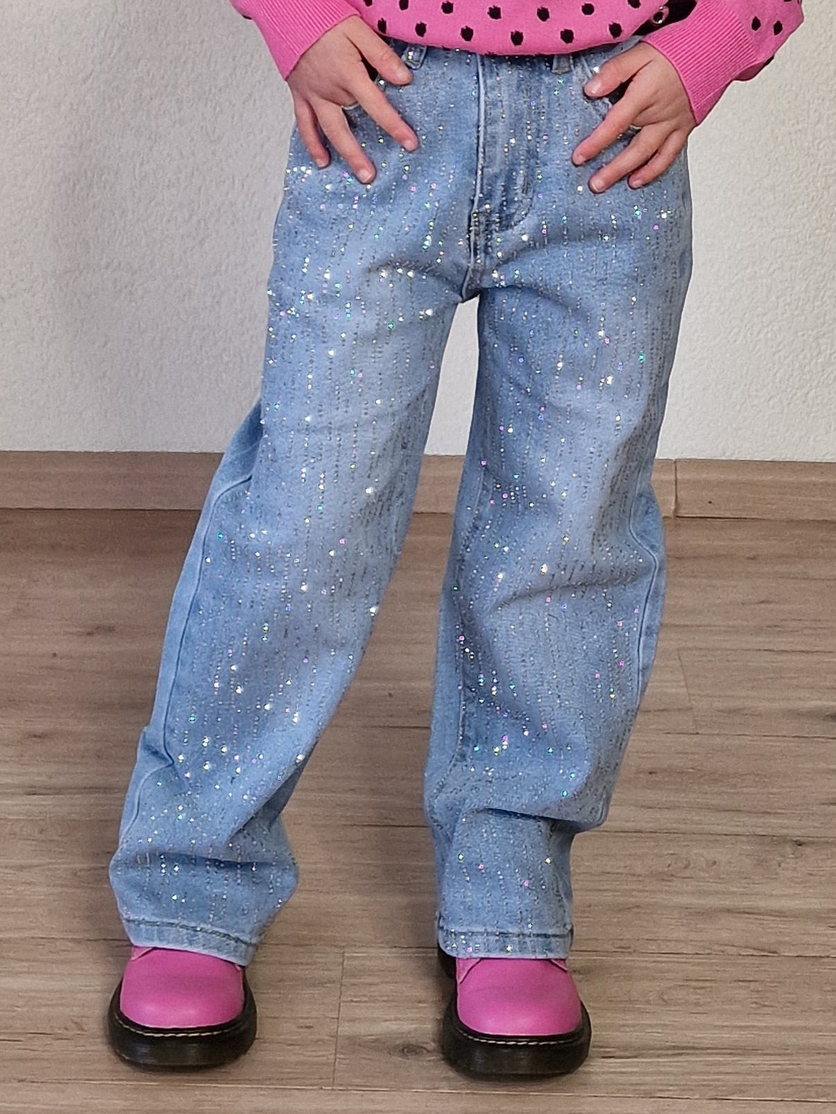 Jeans met strass all-over voorkant - Pinkish Flamingo