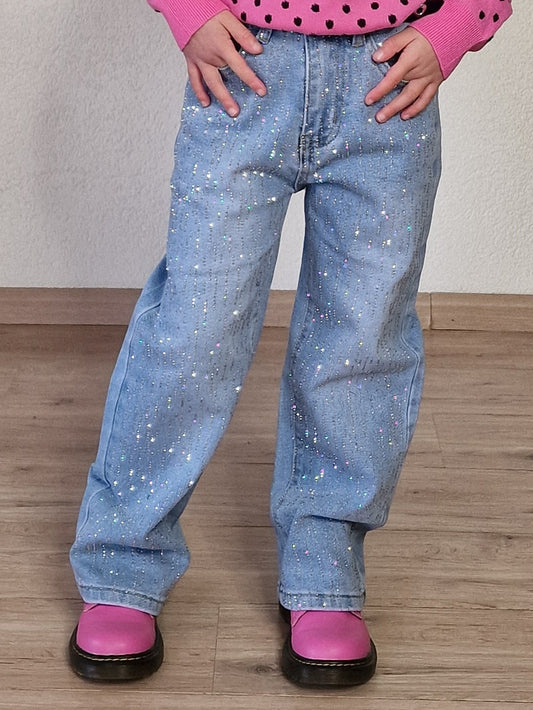 Jeans met strass all-over voorkant - Pinkish Flamingo