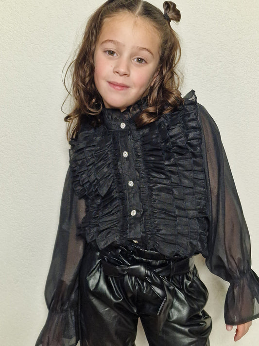 Zwarte blouse met ruffles - Pinkish FLamingo